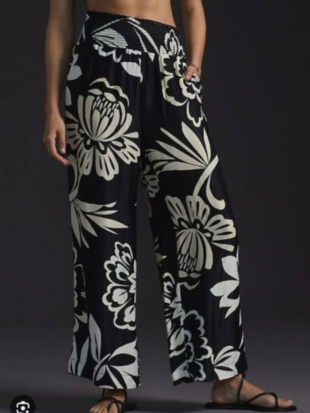Anthropologie Maeve Black and Cream Floral Wide-Leg Pants